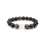 Silver Obsidian White Crystal Barrel Bead Strand (Men)