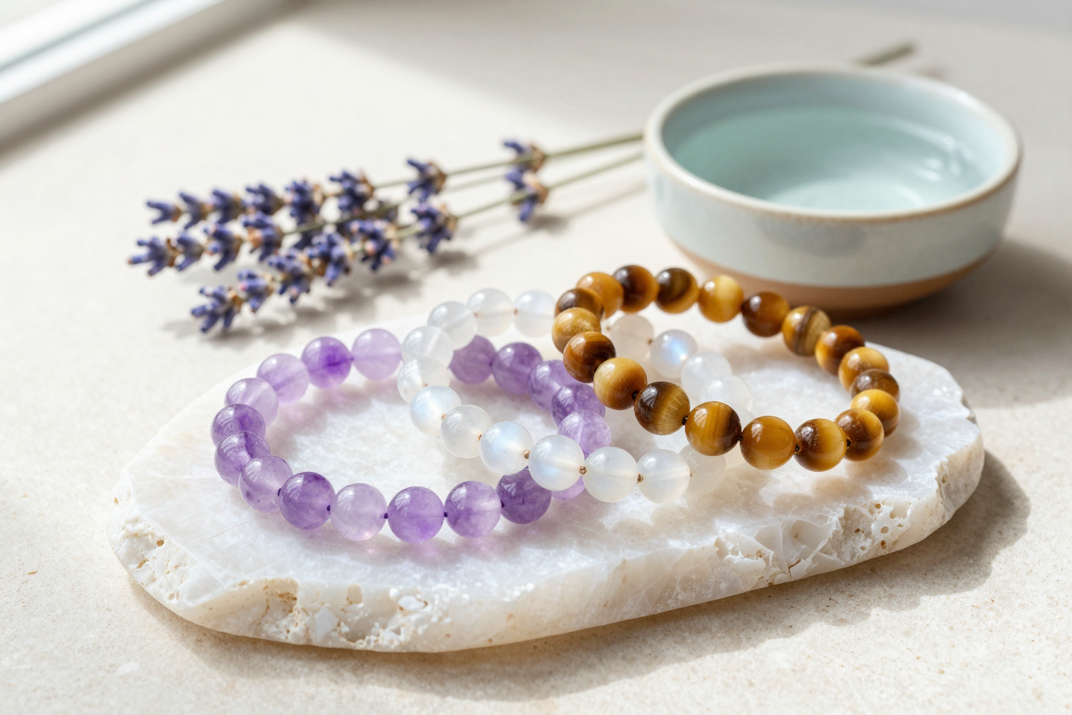 Amethyst, moonstone and tiger's eye crystal bead bracelets resting on a selenite charging slab beside a bowl of water and dried lavender, flat-lay in soft natural light