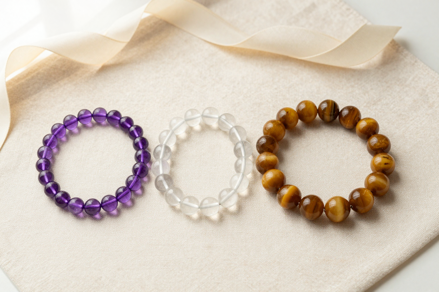Three crystal bead bracelets of different bead sizes on cream linen with a measuring ribbon