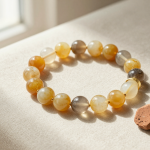 Handmade earth element crystal bead bracelet with yellow jasper and smoky quartz beads, flat-lay on oat-colored linen with a raw terracotta stone