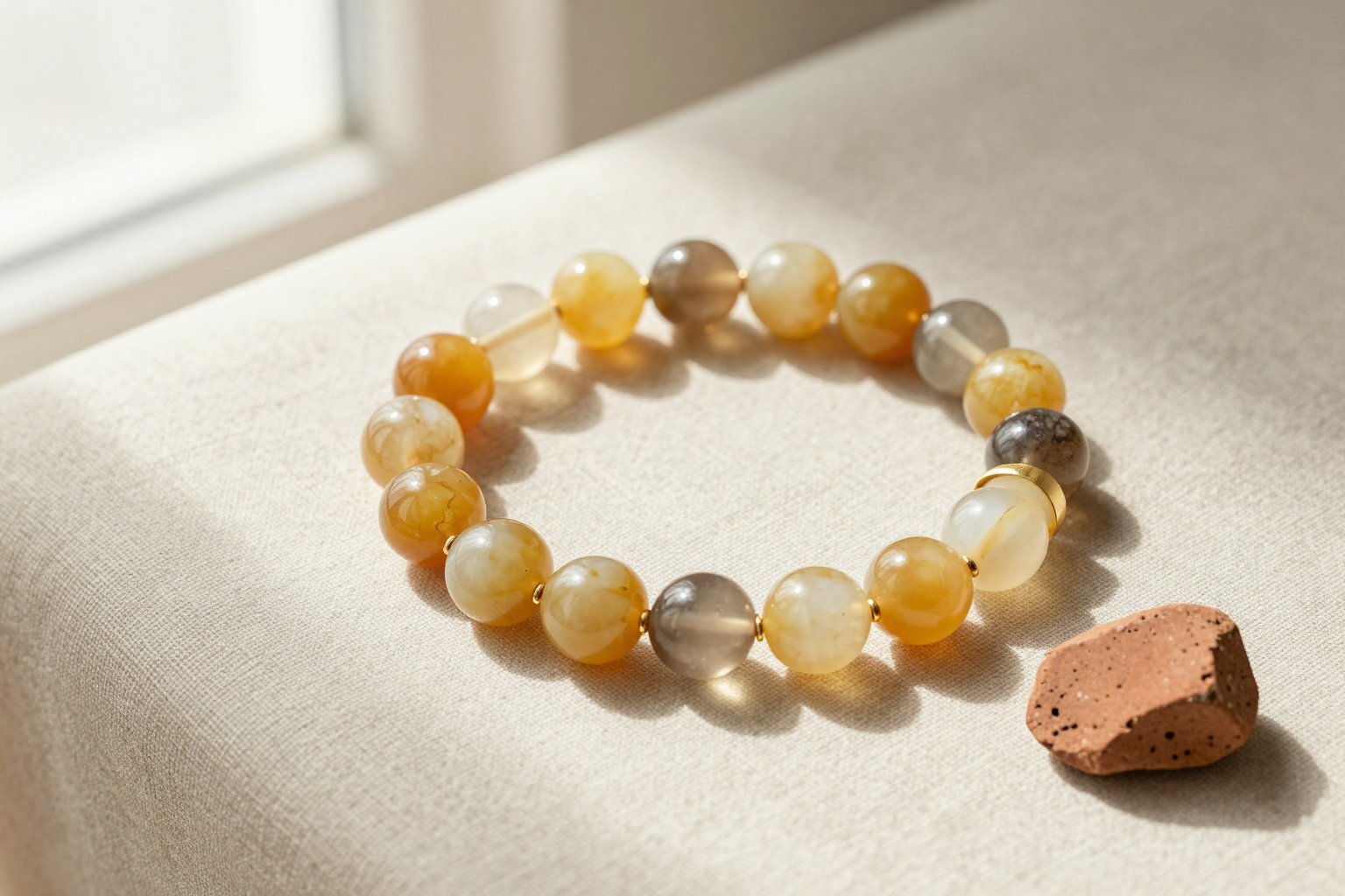 Handmade earth element crystal bead bracelet with yellow jasper and smoky quartz beads, flat-lay on oat-colored linen with a raw terracotta stone