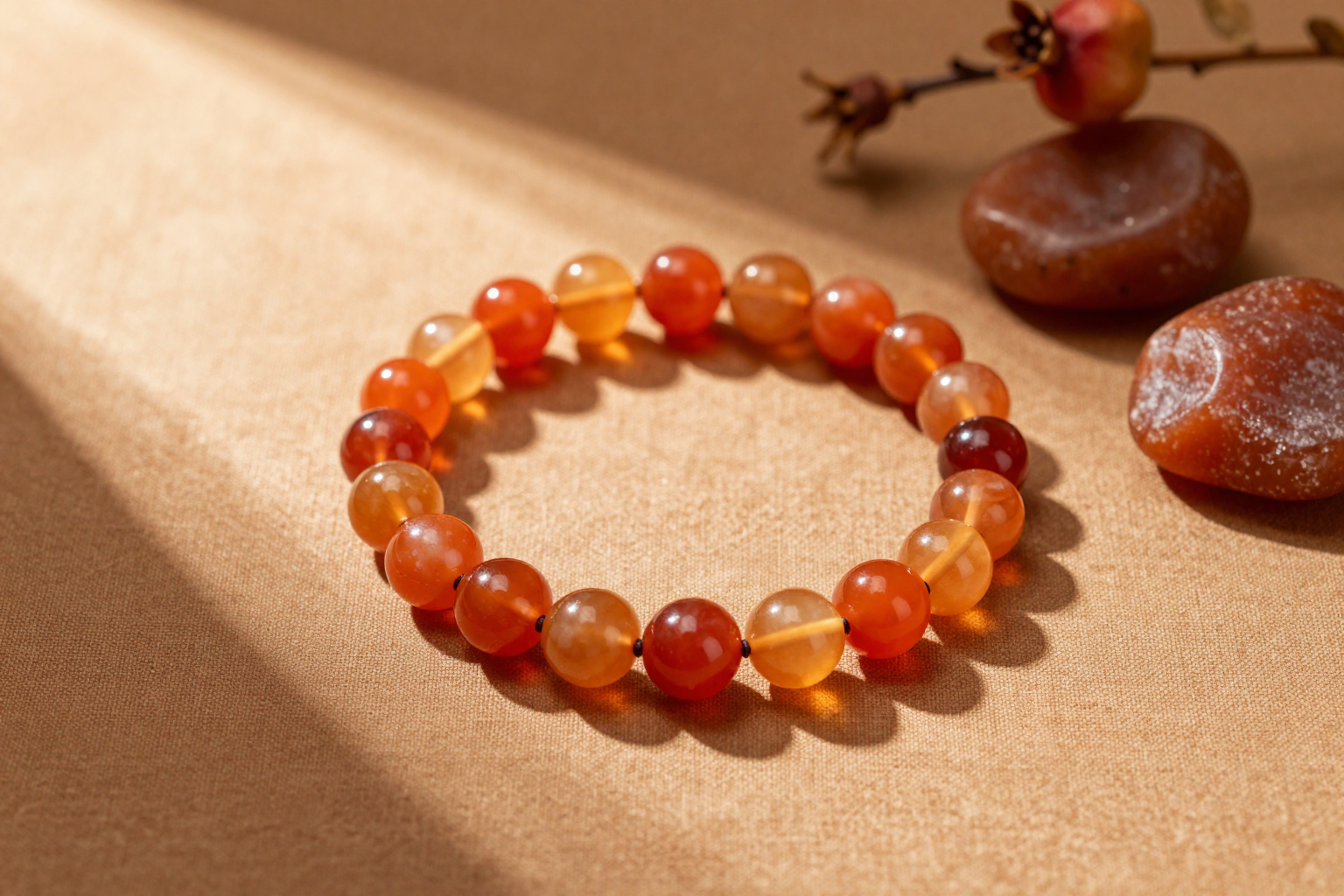 Handmade fire element crystal bead bracelet with carnelian, amber and red jasper beads, flat-lay on warm terracotta linen