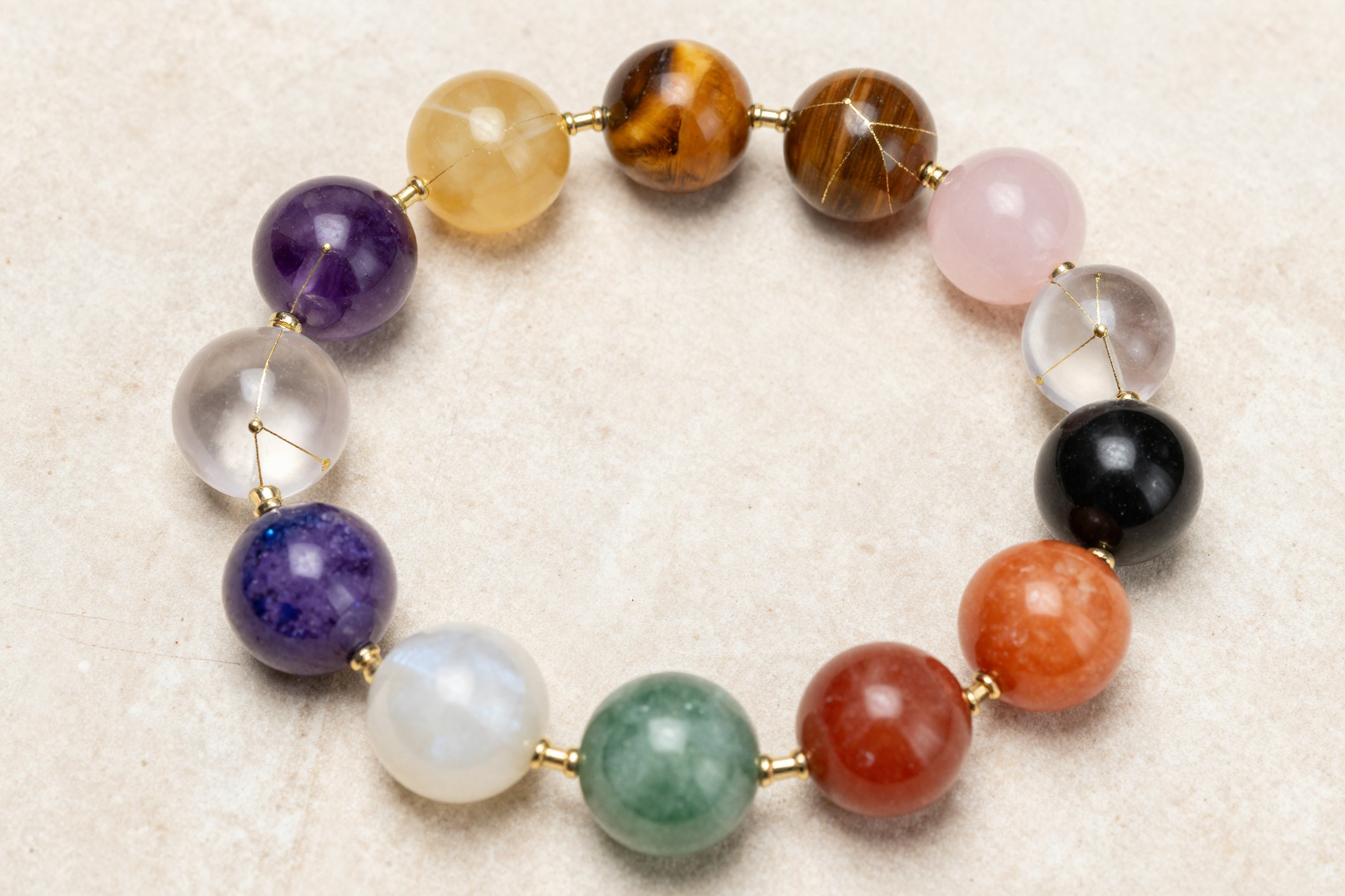 Twelve-stone zodiac crystal bracelet with amethyst, citrine, tiger's eye and obsidian beads