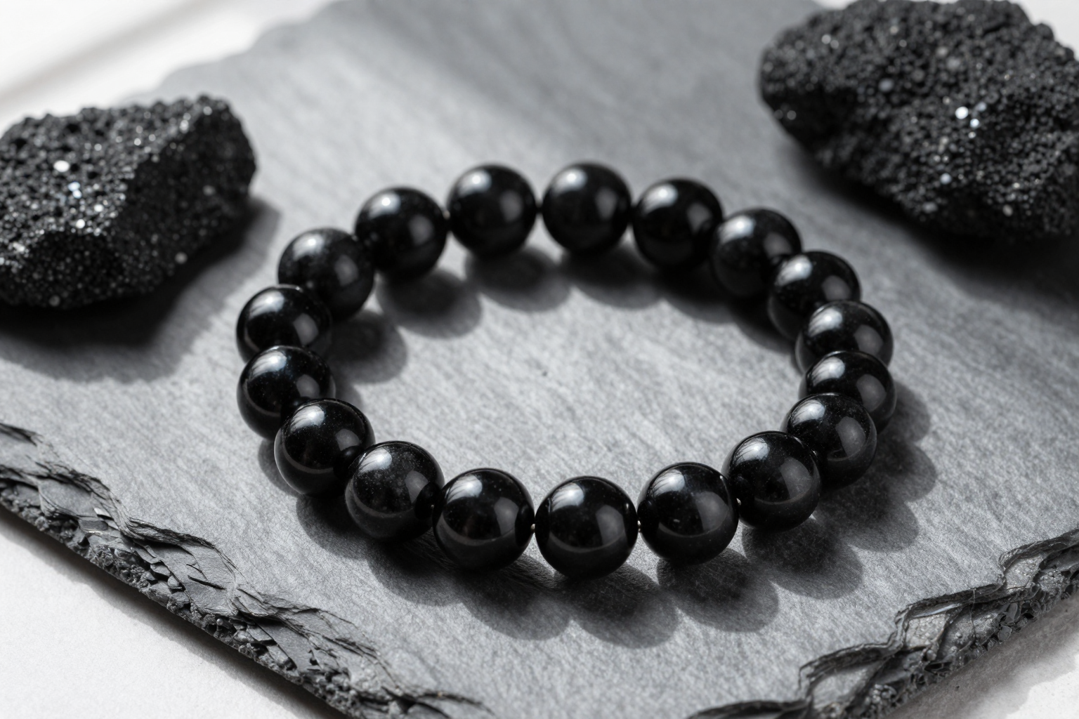 Black obsidian bead bracelet with glossy volcanic glass beads, flat-lay on slate linen