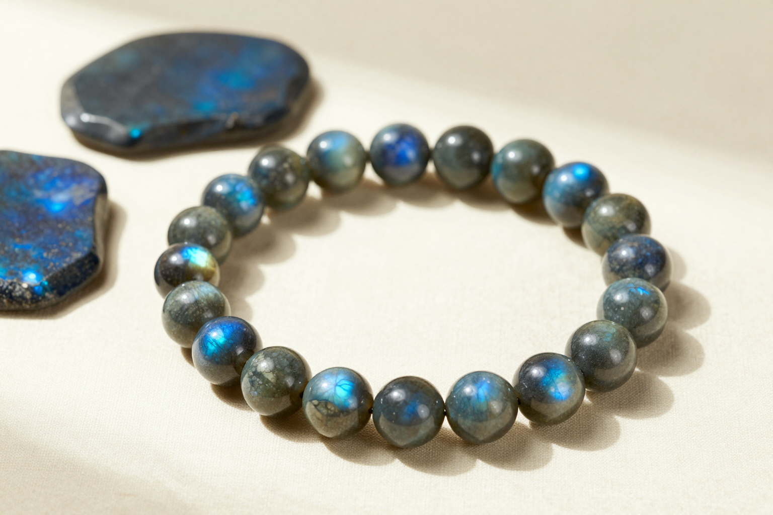 Handmade labradorite crystal bead bracelet with blue labradorescence, flat-lay on ivory linen