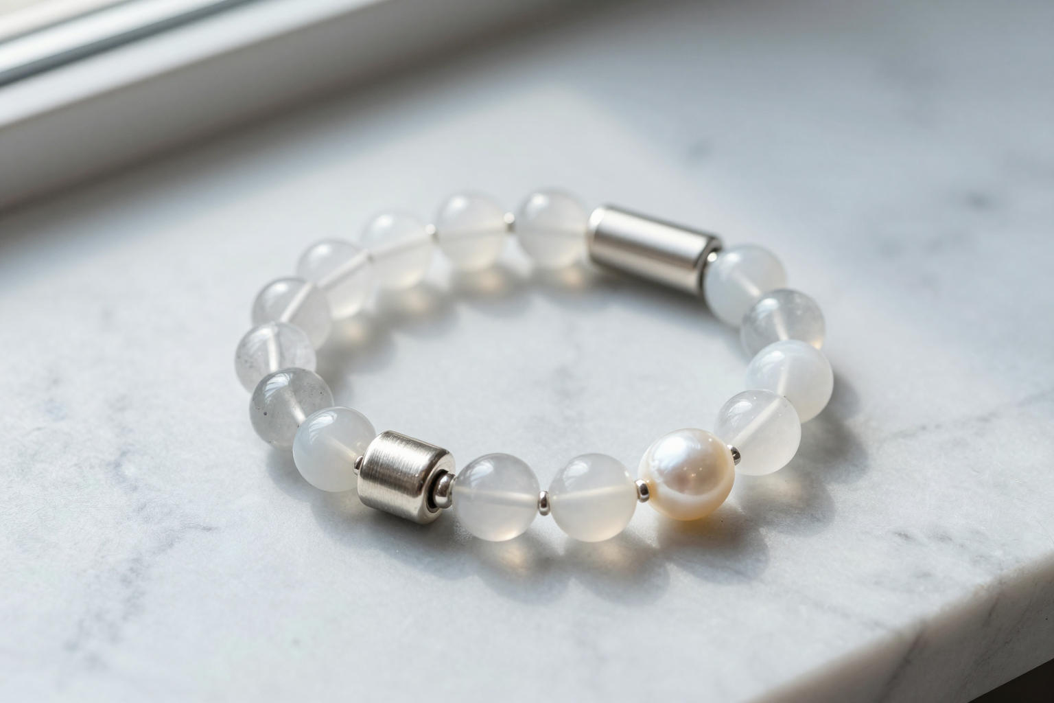 Handmade metal element crystal bead bracelet with clear quartz, white agate and a freshwater pearl with brushed silver accents, flat-lay on pale grey marble