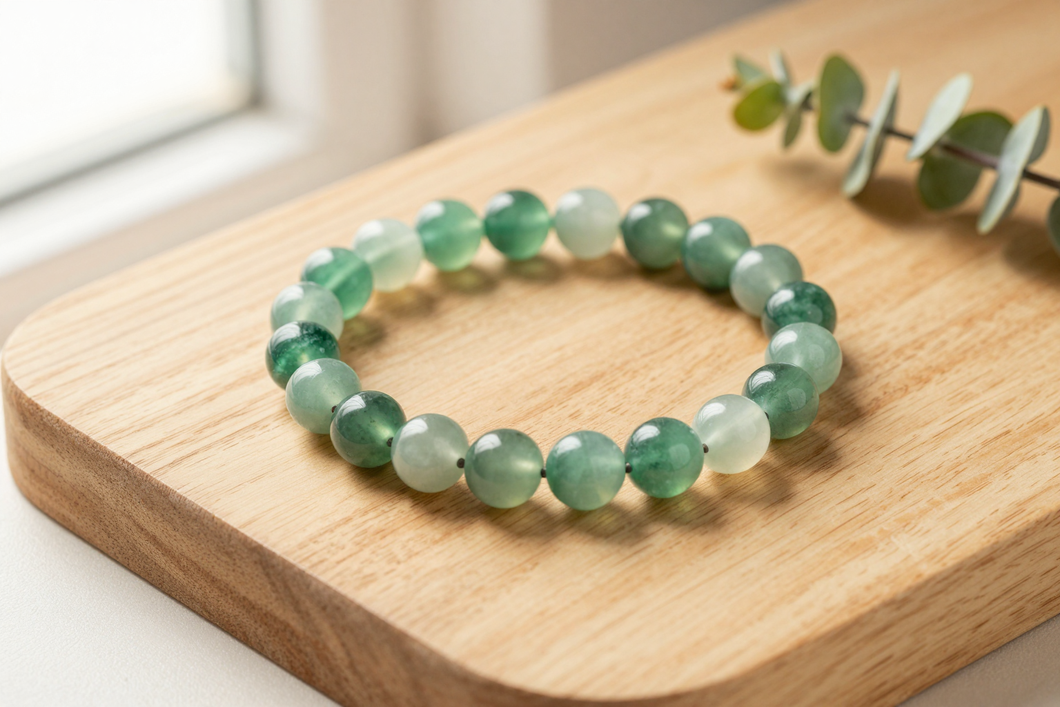 Handmade wood element crystal bead bracelet with green aventurine, jade and moss agate beads, flat-lay on light oak wood with a eucalyptus sprig, soft natural light