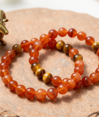 Carnelian and tiger's eye crystal bead bracelets on terracotta slate beside a brass ram figurine