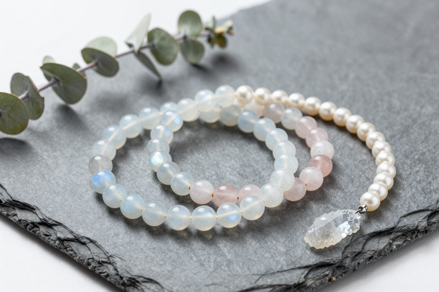 Moonstone, blue chalcedony and rose quartz crystal bead bracelets layered with a pearl strand and a raw selenite crystal on a grey slate slab beside dried eucalyptus, flat-lay in soft natural light