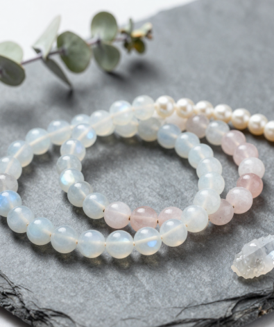 Moonstone, blue chalcedony and rose quartz crystal bead bracelets layered with a pearl strand and a raw selenite crystal on a grey slate slab beside dried eucalyptus, flat-lay in soft natural light
