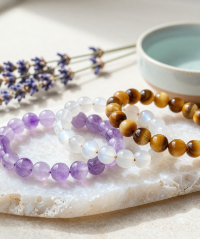 Amethyst, moonstone and tiger's eye crystal bead bracelets resting on a selenite charging slab beside a bowl of water and dried lavender, flat-lay in soft natural light