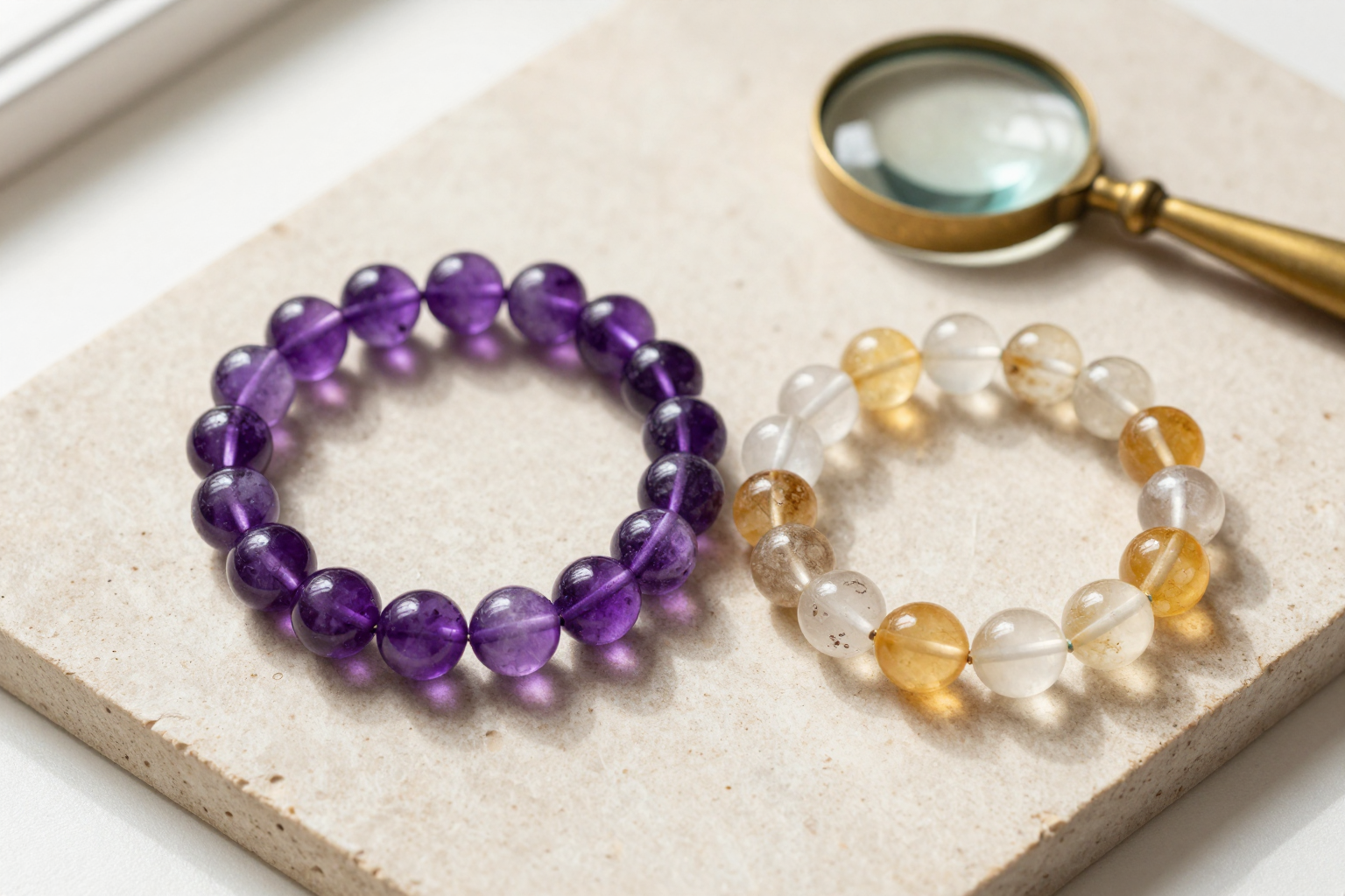 Two crystal bead bracelets on a slate slab beside a jeweler's loupe, showing natural inclusions vs glass bubbles