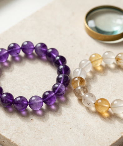 Two crystal bead bracelets on a slate slab beside a jeweler's loupe, showing natural inclusions vs glass bubbles