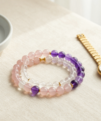 Rose quartz, clear quartz and amethyst crystal bead bracelets in a flat-lay beside a slim gold watch