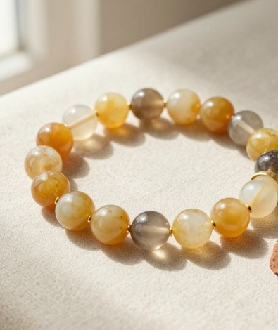 Handmade earth element crystal bead bracelet with yellow jasper and smoky quartz beads, flat-lay on oat-colored linen with a raw terracotta stone