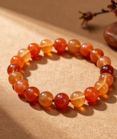 Handmade fire element crystal bead bracelet with carnelian, amber and red jasper beads, flat-lay on warm terracotta linen