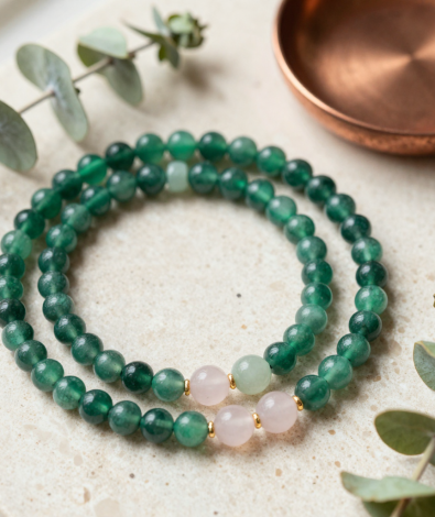 Emerald, rose quartz and jade bead bracelets arranged on cream travertine beside a copper dish and eucalyptus sprigs