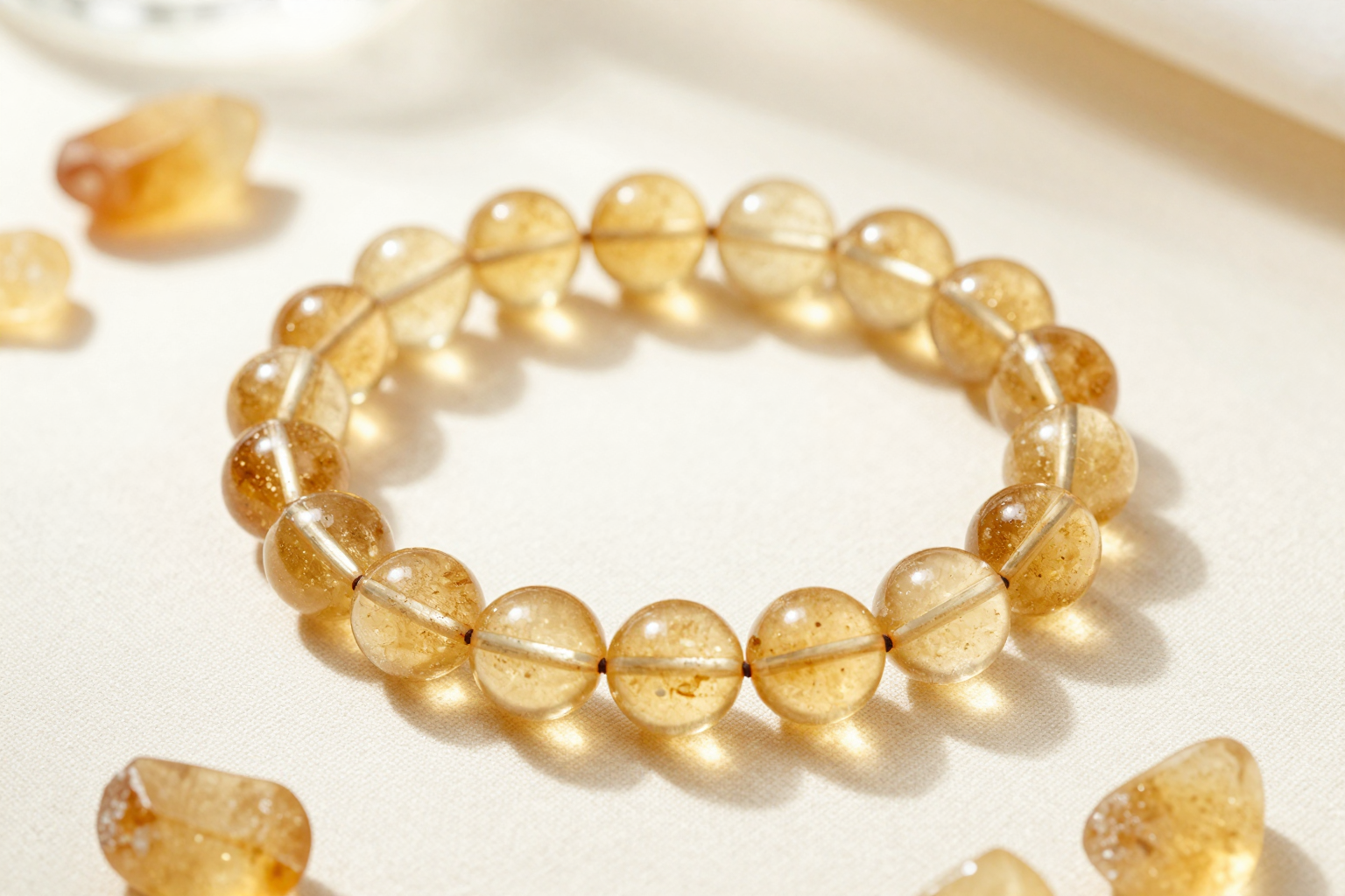 Citrine bead bracelet with warm honey-gold translucent beads, flat-lay on ivory linen with raw citrine points