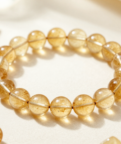 Citrine bead bracelet with warm honey-gold translucent beads, flat-lay on ivory linen with raw citrine points