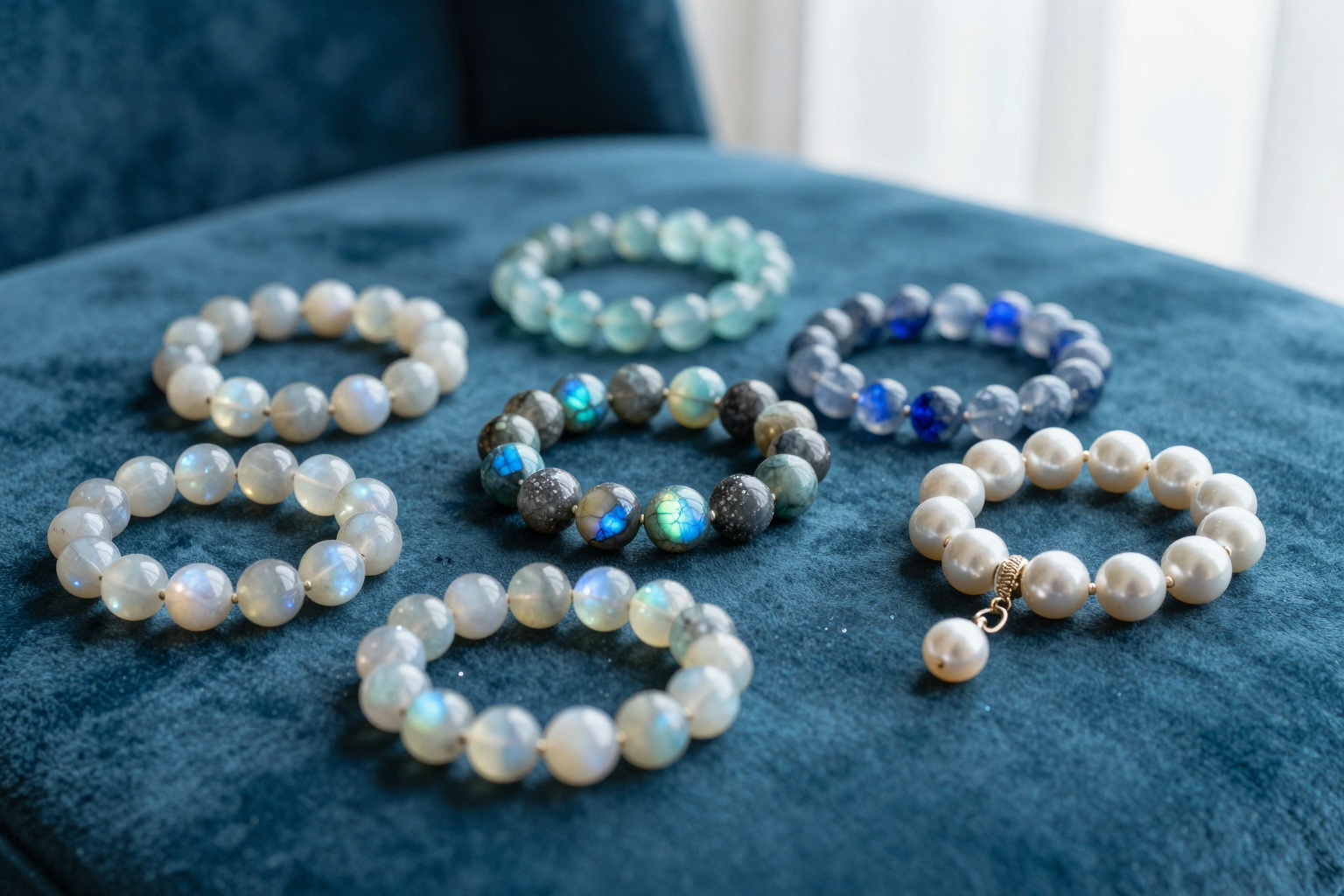 Water element crystal bracelets in rainbow moonstone, labradorite and pearl on teal velvet