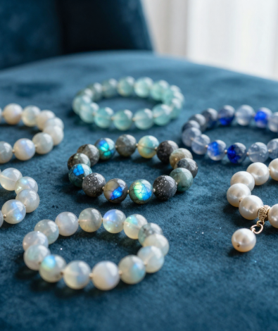 Water element crystal bracelets in rainbow moonstone, labradorite and pearl on teal velvet