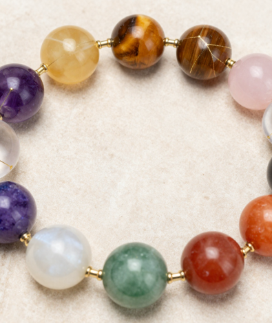 Twelve-stone zodiac crystal bracelet with amethyst, citrine, tiger's eye and obsidian beads