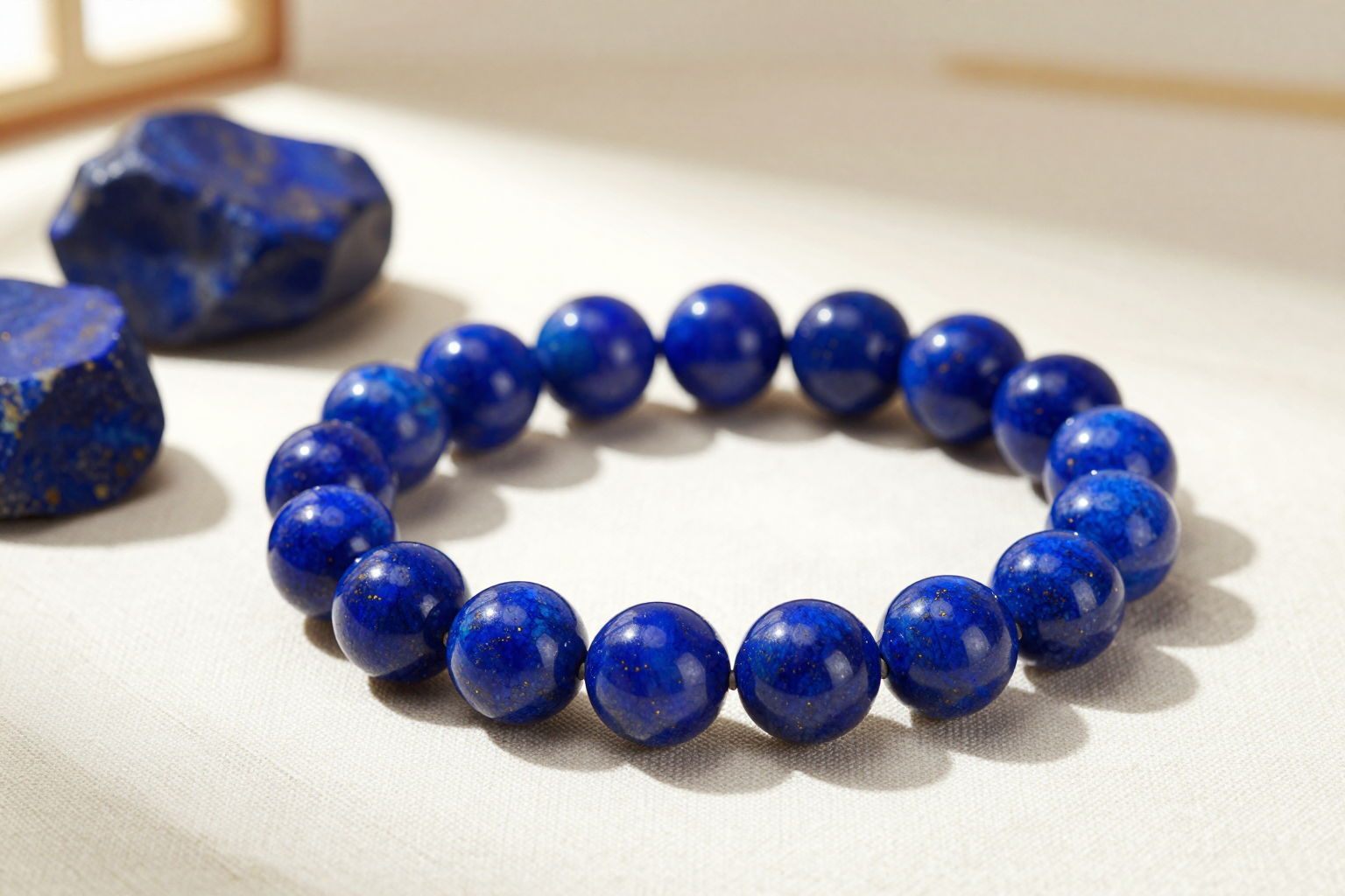 Lapis lazuli bead bracelet with golden pyrite flecks, flat-lay on ivory linen