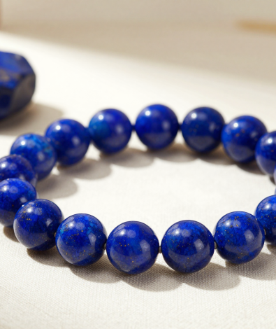 Lapis lazuli bead bracelet with golden pyrite flecks, flat-lay on ivory linen