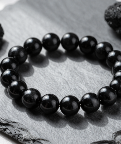 Black obsidian bead bracelet with glossy volcanic glass beads, flat-lay on slate linen