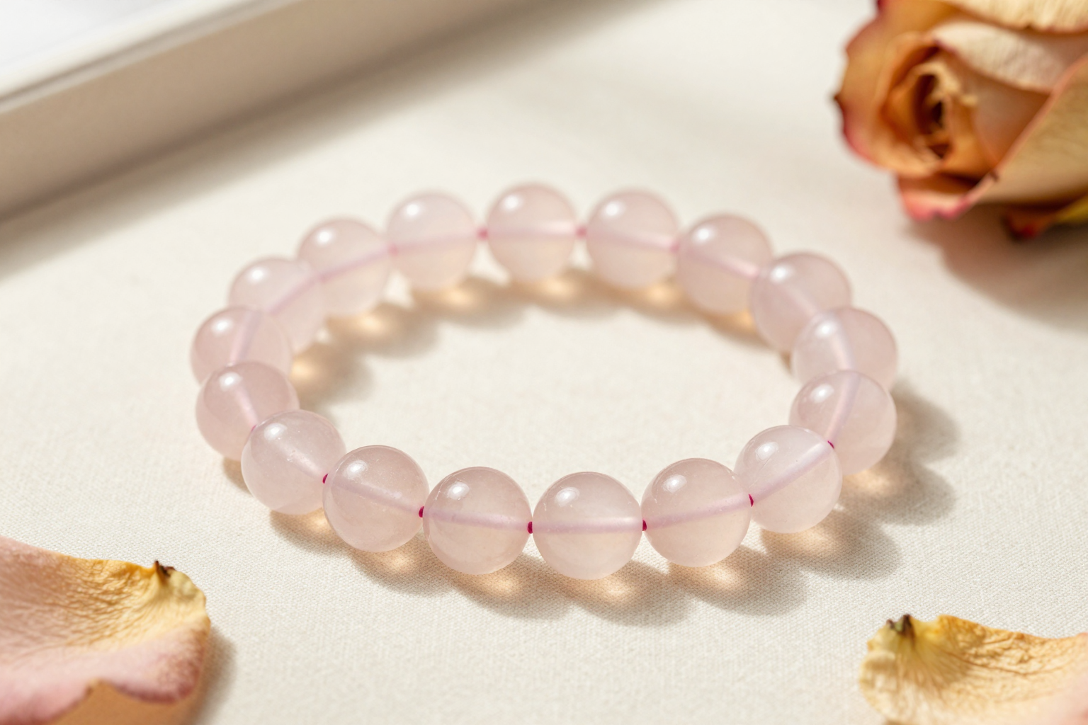 Rose quartz bead bracelet in soft blush pink, flat-lay on cream linen with dried rose petals