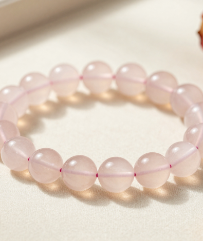 Rose quartz bead bracelet in soft blush pink, flat-lay on cream linen with dried rose petals