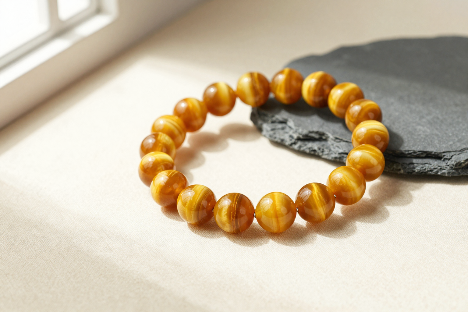Golden tiger's eye bead bracelet with a silky chatoyant band, flat-lay on cream linen