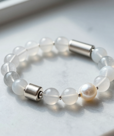 Handmade metal element crystal bead bracelet with clear quartz, white agate and a freshwater pearl with brushed silver accents, flat-lay on pale grey marble
