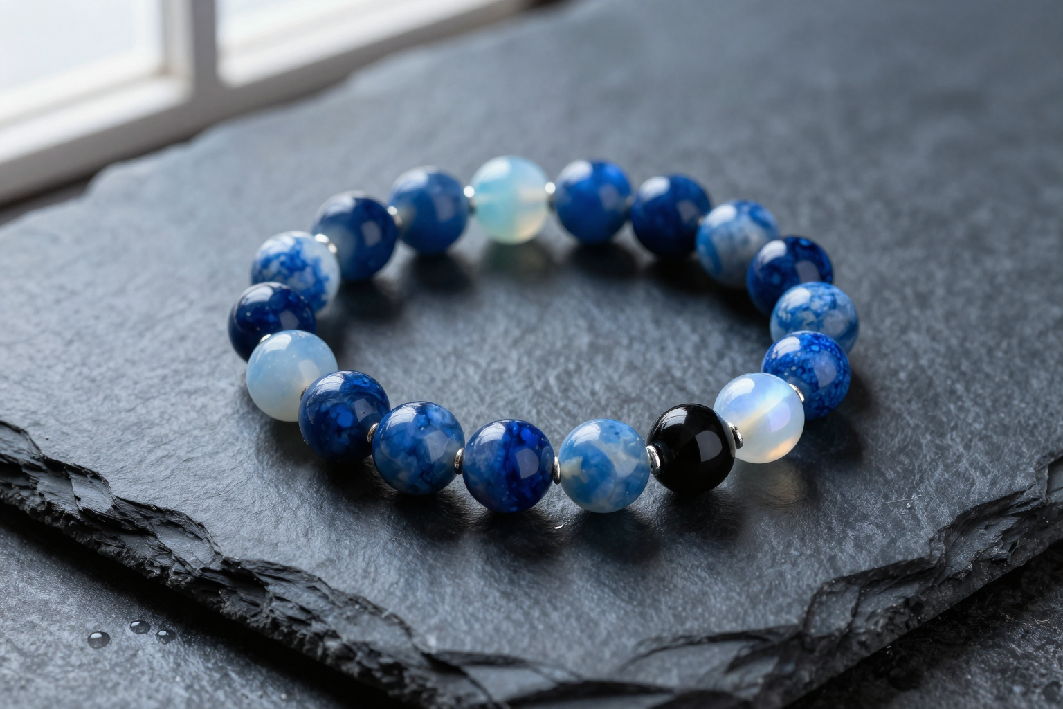 Handmade water element crystal bead bracelet with deep blue sodalite, blue lace agate, glossy black obsidian and moonstone beads, flat-lay on dark slate with water droplets