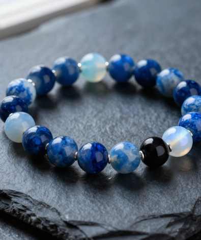 Handmade water element crystal bead bracelet with deep blue sodalite, blue lace agate, glossy black obsidian and moonstone beads, flat-lay on dark slate with water droplets